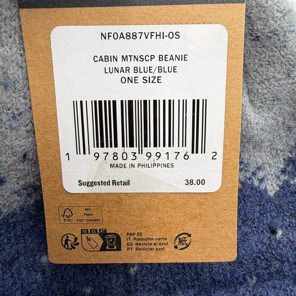 The North Face Cabin Mountainscape Beanie Unisex OS Lunar Blue NWT Knit Hat